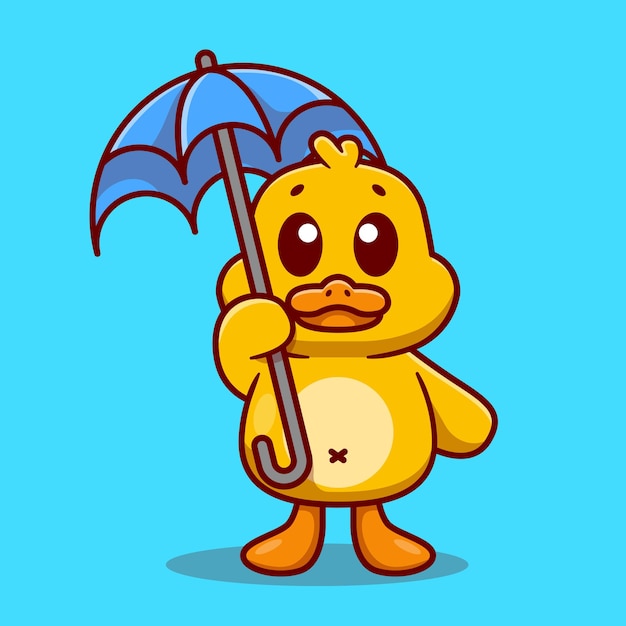 Cute duck character cartoon mascot wearing a blue umbrella