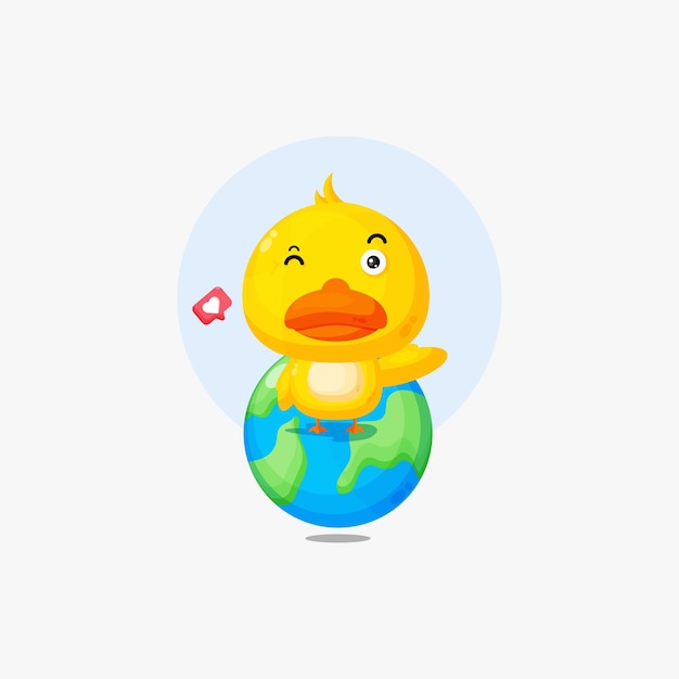 Vector cute duck character on earth icon illustration