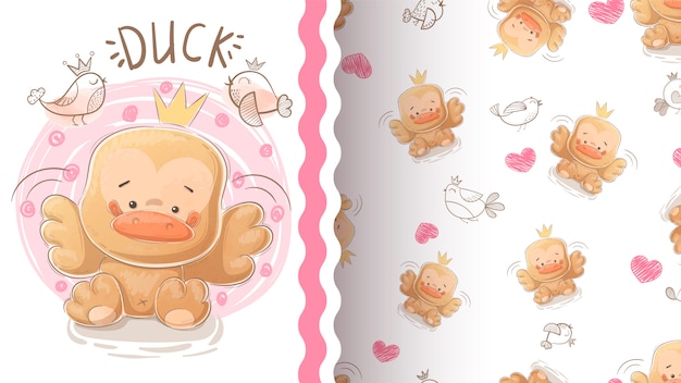 Cute duck illustration and seamless pattern