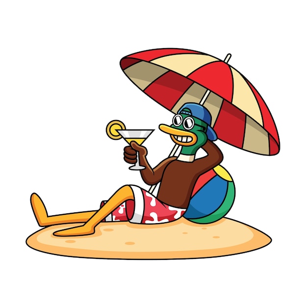 Cute Duck Relax in Beach And Holding Juice Cartoon Icon Illustration