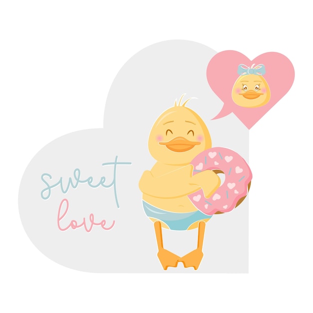 Cute duck with heart and donut