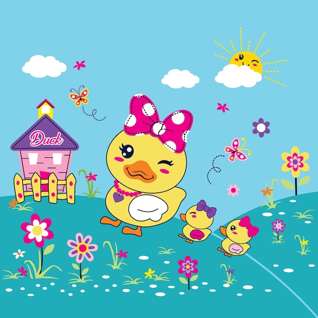 Cute duck with lovely flower vector illustration