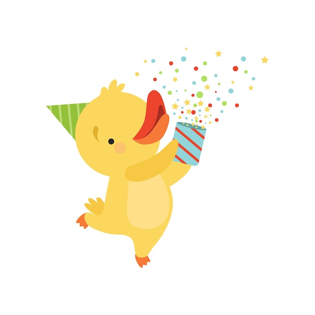 Cute duckling with a party popper lovely cartoon animal character design template can be used for