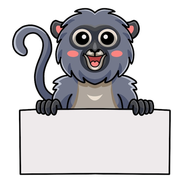 Cute dusky leaf monkey cartoon holding blank sign