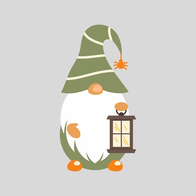 Cute dwarf with hat and lantern Vector character in cartoon style Little magic man Gnome with beard