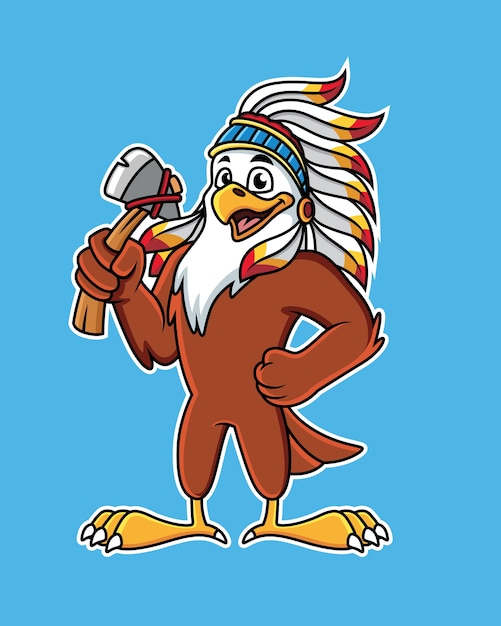 Cute eagle cartoon in indian clothes holding ax.    