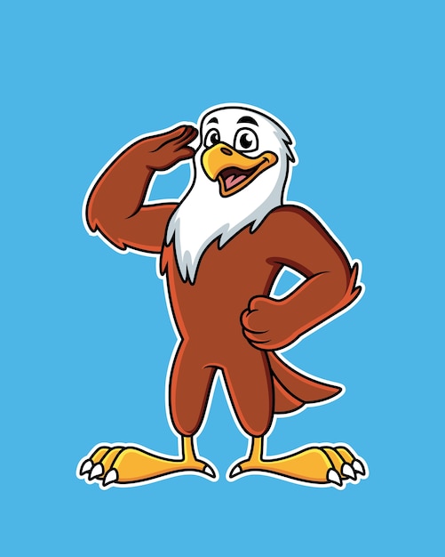 Cute eagle cartoon performing salute with funny expression.    