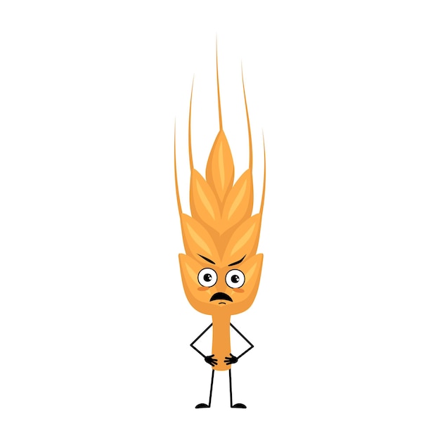 Cute ear of wheat character with angry emotions grumpy face furious eyes arms and legs Healthy cereal with irritated expression and posture vitamin rich food Vector flat illustration