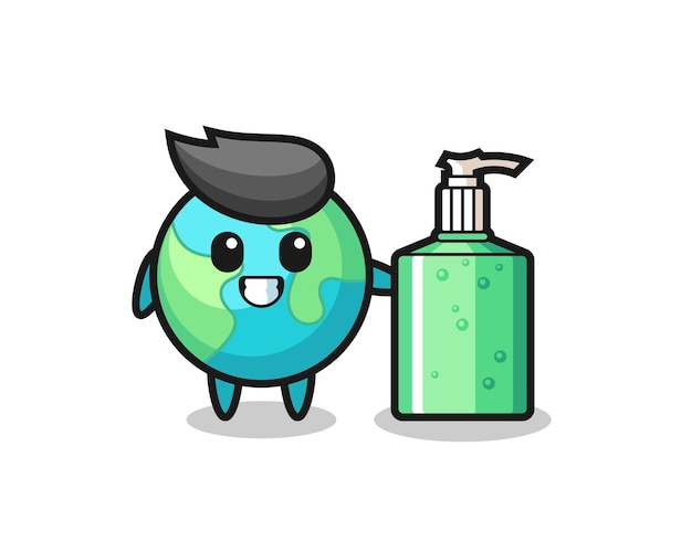 Cute earth cartoon with hand sanitizer