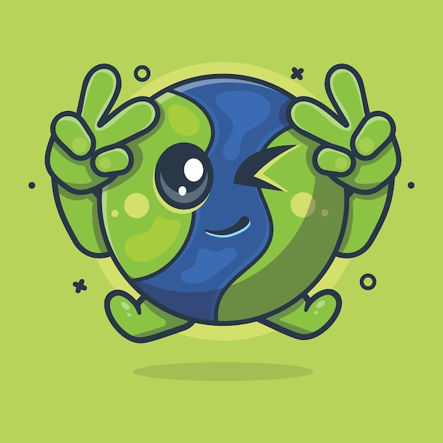 cute earth character mascot with peace sign hand isolated cartoon in flat style design