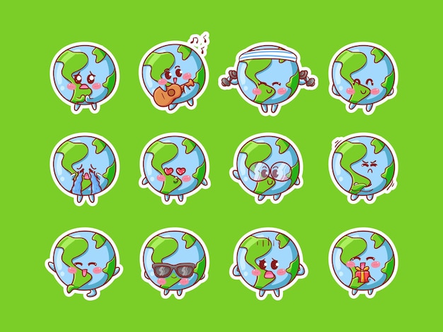 Cute Earth Character Sticker Illustration Set With Various Activity and Happy Expression for mascot