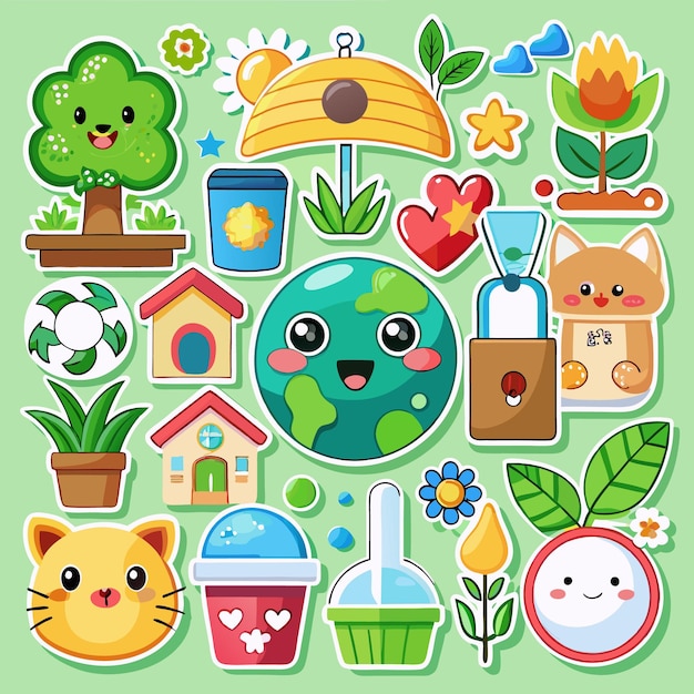 Vector cute earth day stickers adorable characters and nature elements