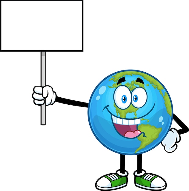 Cute Earth Globe Cartoon Character Holding A Blank Sign Vector Hand Drawn Illustration