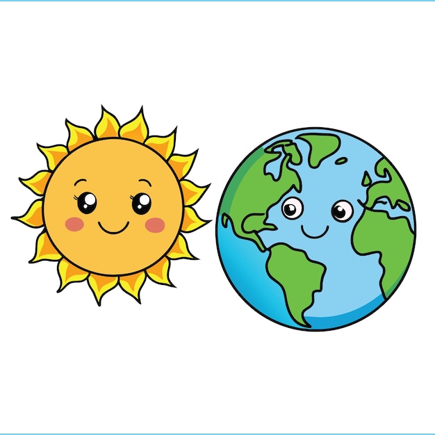 Cute Earth And Sun Cartoons Isolated on White Background