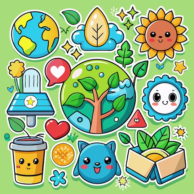 Cute Earth Sun and Plant Stickers for Nature Lovers