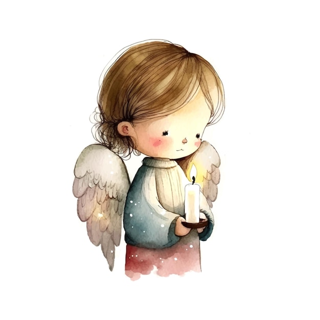 Cute Easter angel with a candle in his hands Watercolor Cartoon Christmas on white background