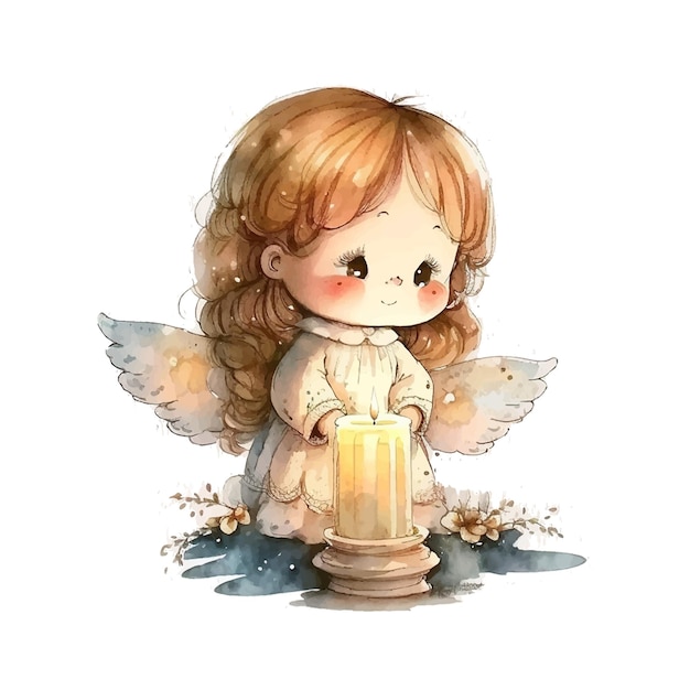 Cute Easter angel with a candle in his hands Watercolor Cartoon Christmas on white background