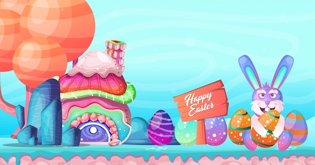 Cute Easter background with colorful eggs and bunny 