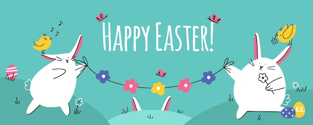 Cute Easter banner with two bunnies holding the floral garland on the lawn