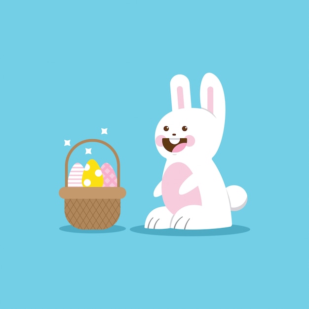 Cute Easter bunny and basket with eggs.   cartoon flat funny rabbit illustration.