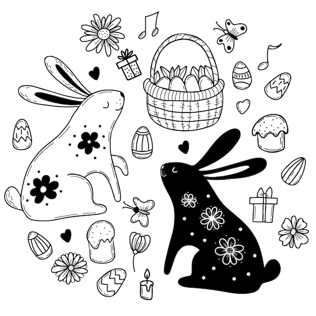 Cute Easter bunny basket with eggs and flowers birds butterfly and Easter cakes Outline drawn doodle