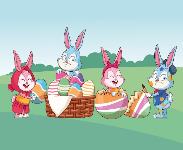 Cute easter bunny happy friends nature background bushes