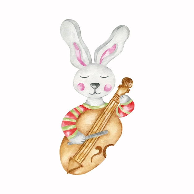 Cute Easter Bunny illustration with contrabass Watercolor little misicianGray cartoon bunny