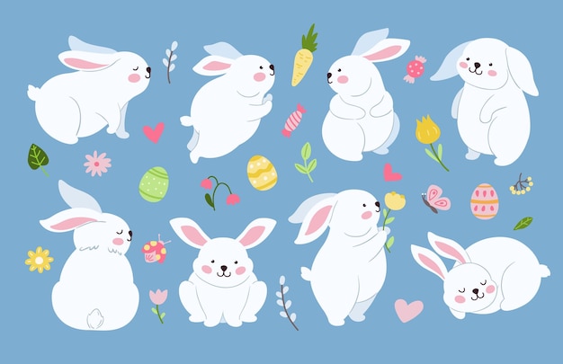 Cute easter bunny Rabbits or bunnies on meadow with festive eggs and flowers Sweet hare silhouettes cartoon animals for child neoteric folk vector set