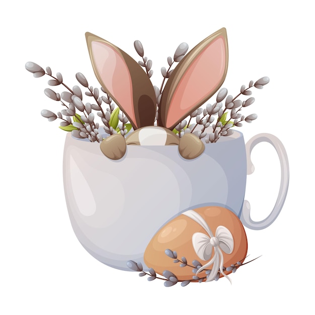 A cute Easter Bunny sits in a cup. Willow branches and a chicken egg with a bow. vector illustration