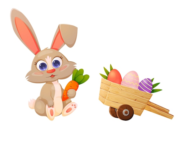 Cute easter bunny with carrot. Trolley with easter eggs. Color set in cartoon style.