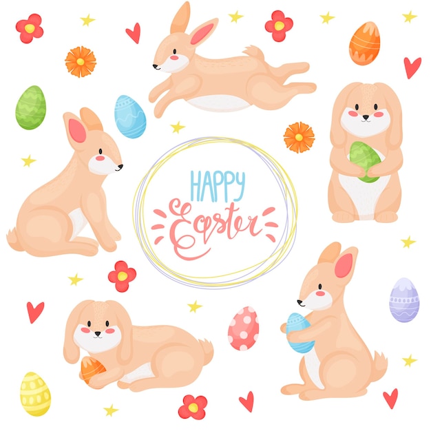 Cute Easter Bunny with a set of colored eggs Happy easter Decorative elements and holiday decor