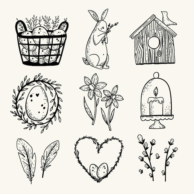 Cute Easter doodle seamless pattern with bunny basket easter eggs and candles Vector hand drawn