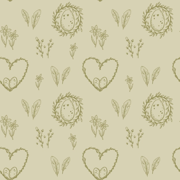 Cute Easter doodle seamless pattern with bunny basket easter eggs and candles Vector hand drawn