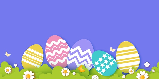 Cute Easter Egg Hunt with colored paper craft eggs Spring scene for holiday flyers and banners design