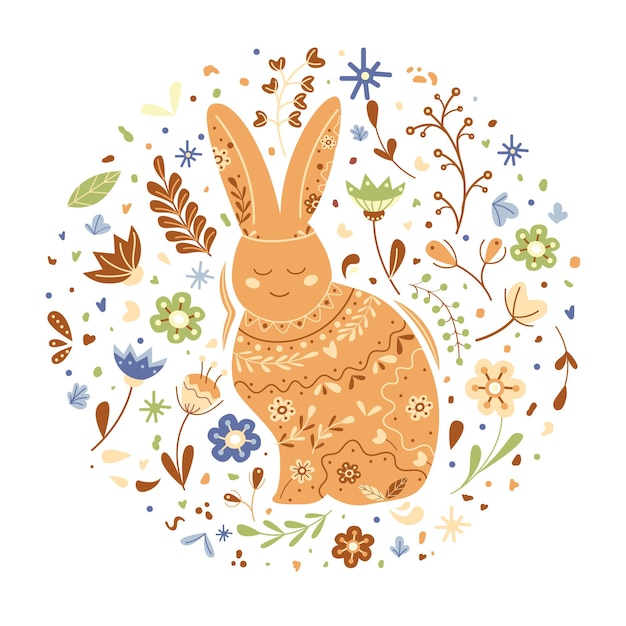 Cute easter print hare and flowers and twigs