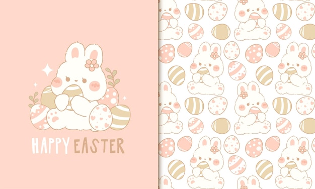 Cute easter rabbit and egg seamless pattern and greeting card