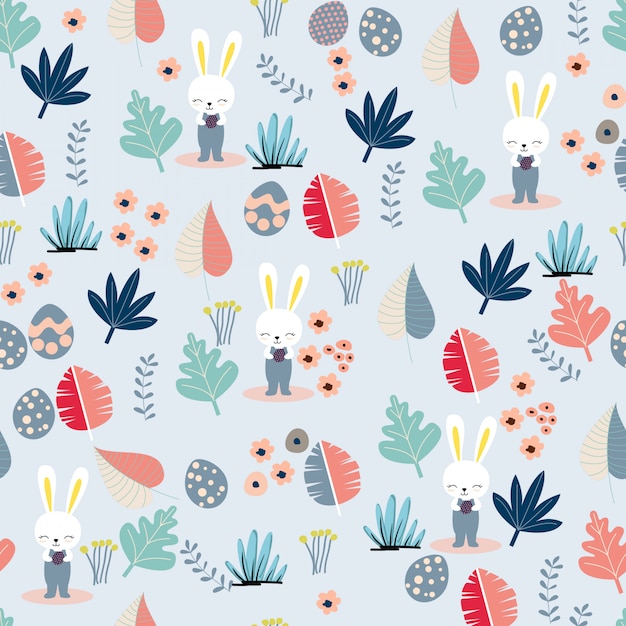 Cute easter rabbit and pastel leave seamless pattern