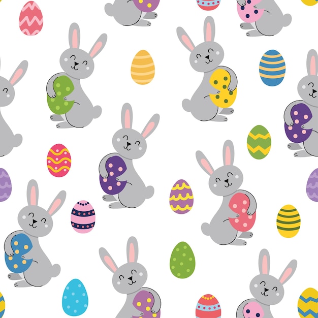 Cute Easter rabbit with egg seamless pattern Springtime in cartoon style for kids with funny rabbit 