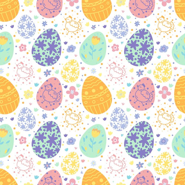 Cute Easter seamless pattern  Eggs flowers and birds in pastel colors isolated on white background