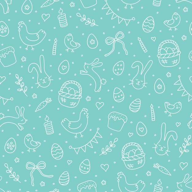 Cute Easter seamless pattern with eggs, rabbits, hens, chicken and other symbol of the great religious holiday. Hand drawn vector illustration in doodle style