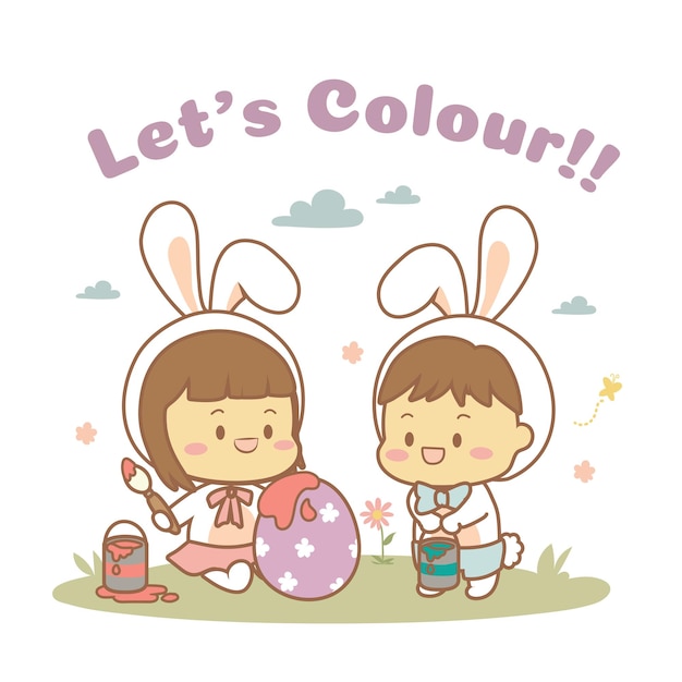 Cute Easter Vector Girl and Boy Bunny Costume Colouring Eggs Outline