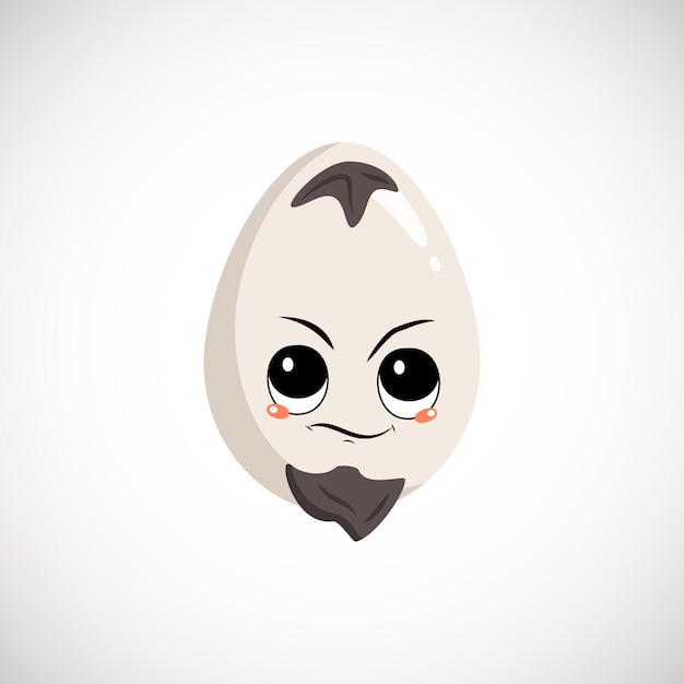 Cute egg character with emotions of suspicious, displeased face with beard. Festive decoration for Easter. Annoyed culinary hero. Vector flat illustration