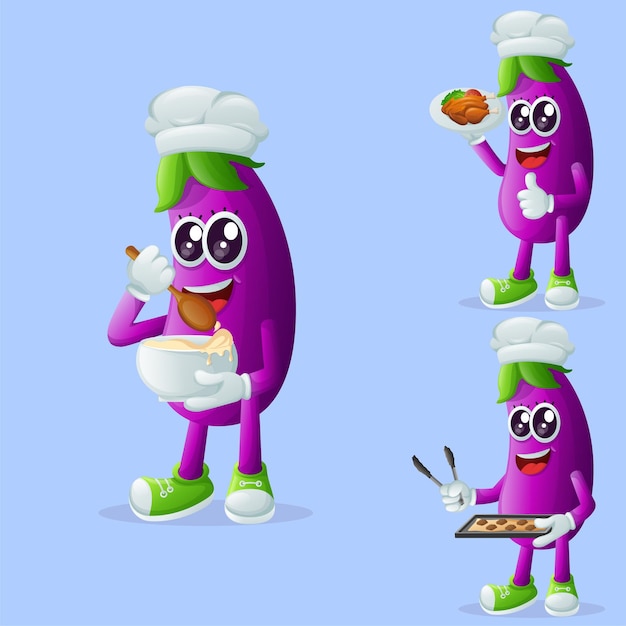 Cute eggplant character in the kitchen