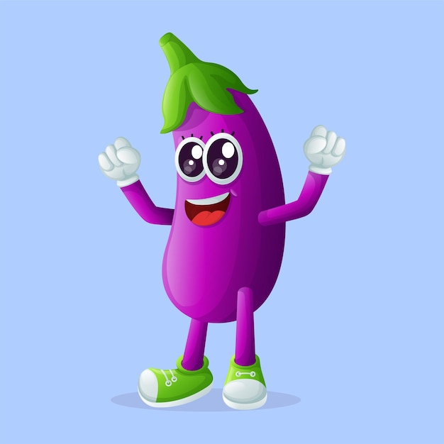 Cute eggplant character making a victory sign with his hand