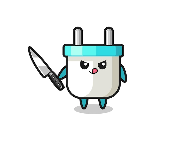 Cute electric plug mascot as a psychopath holding a knife