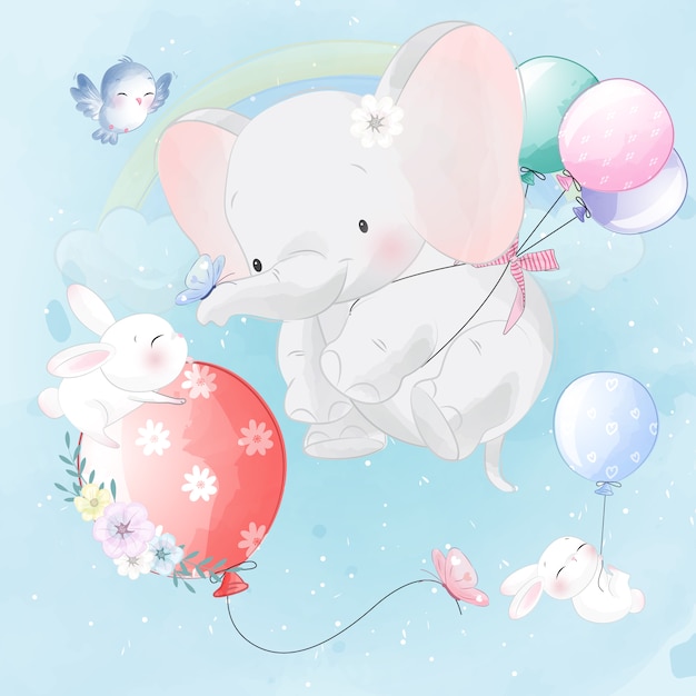 Cute elephant and bunny flying with balloon