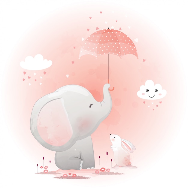 Cute elephant and bunny with umbrella. 