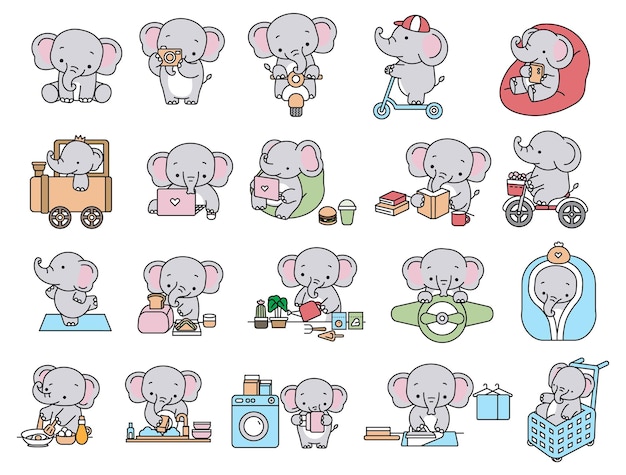 Cute elephant cartoon bundle color for kids, baby characters, wedding,card.vector illustration