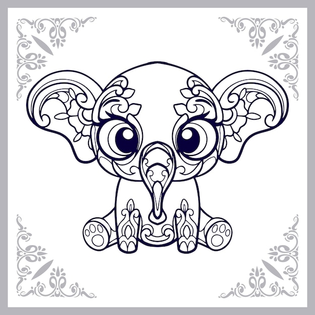 Cute elephant cartoon mandala arts isolated on white background