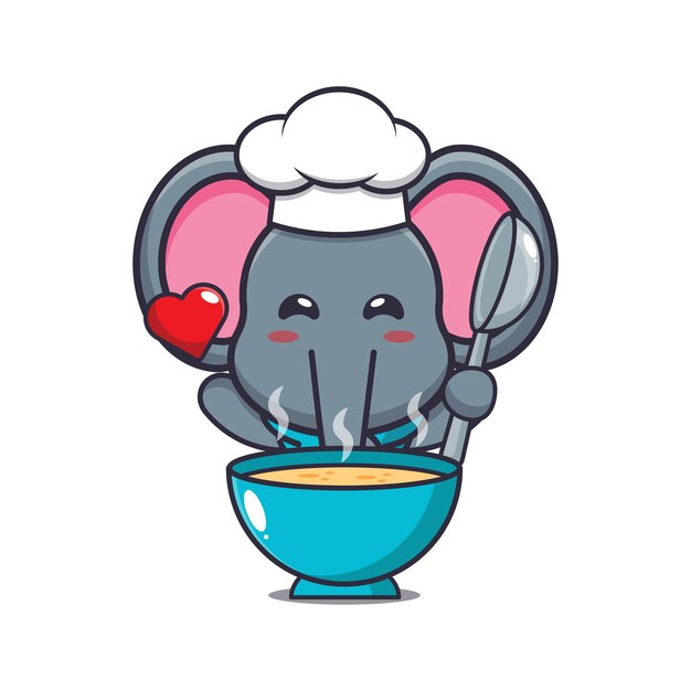 Vector cute elephant chef mascot cartoon character with soup